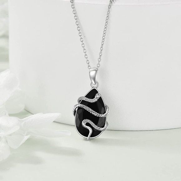 YFN Snake  Sterling Silver Black Obsidian Pendant  Necklace - Picture 1 of 4